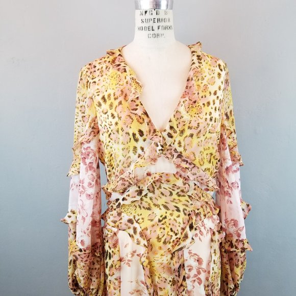 Bardot Blush & Yellow Print Frill Ruffle A Line Maxi Dress Size Medium NEW - Picture 3 of 11